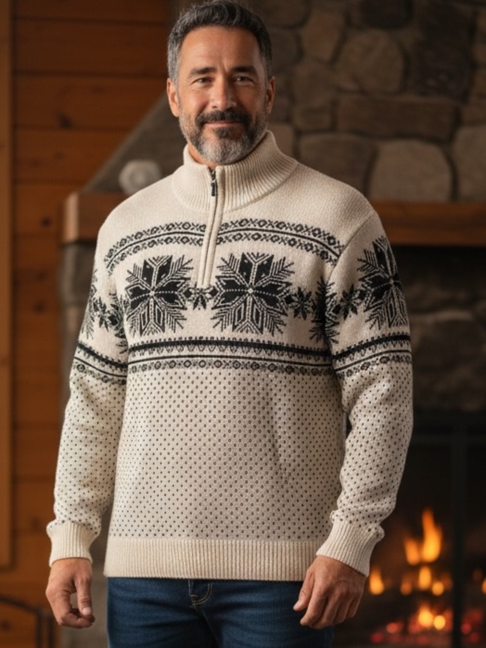 NWOT ASPEN NORDIC JACQUARD 1/4 ZIP CREAM & NAVY COTTON SWEATER ECLECTIC GRANDPA